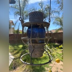 Antique Vintage Railroad Lantern Adlake Reliable Blue Globe American Home Decor